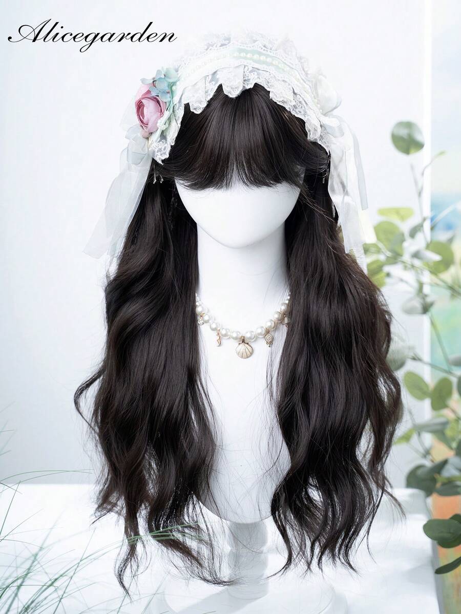 alicegarden 1 Synthetic Heat-Resistant Wig With Bangs, Black Long Rolled Wig, 28 Feet Long, Made Of Fiber, Suitable For Daily Use, Natural Simulation Wig