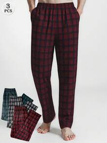 3pcs/Set Men's Plaid Print Straight Leg Casual Pants, Breathable Loose Fit Elastic Waist Pocket Pajama Pants, Multi-Color Autumn/Winter Set - Multicolor - View 4