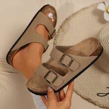 Women's Slip-On Sandals With Adjustable Buckle And Cork Footbed - Comfortable And Stylish Slide Sandals For Any Occasion - 鏽棕色 - 查看 1