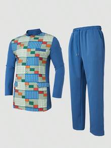 2件套，2025新款男士蓝色达希基，撞色格纹印花设计，立领，长袖，带口袋，松紧腰裤，非洲服饰，男士休闲衬衫裤两件套，街头服饰，派对，约会，婚礼，日常穿着，文化活动，传统仪式 - 藍色 - 查看 4