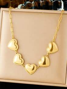 1pc Bamboo Link Chain Gold Plated Titanium Steel Heart Pendant Necklace Accessory - Yellow - View 2