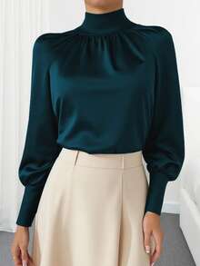 女士优雅通勤纯色立领灯笼袖衬衫