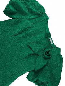 AOMEI 修身提花优雅派对连衣裙短款灯笼袖3D花朵斜领约会装 - 墨綠色 - 查看 4