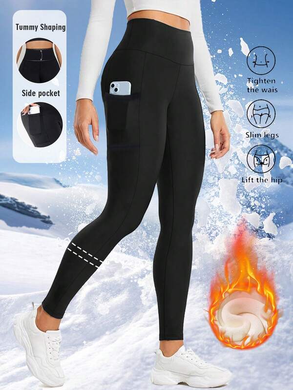 Women's High Waist Pocket Pants, Thermal Lined Tummy Control Leggings, Tight Yoga Pants, Solid Color, Soft & Skin-Friendly Fabric, Suitable For Autumn/Winter Cold Weather, Activewear & Loungewear