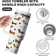 1 Pc 40oz Stainless Steel Straw  Cup With Handle, Cartoon Dachshund Colorful Clothing With Paw Print Pattern, Double-Layer Insulated  Cup, 12 Hours Of Heat Preservation/24 Hours Of Cold Preservation, Fun Kitchen Drinking Utensils, Perfect For Birthday Or Holiday Gifts For Dog Lovers And Friends. - 白色 - 查看 4