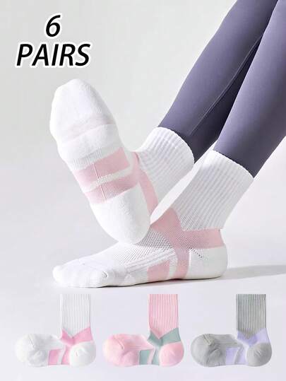 2/4/6 Pairs Women Arch Support Sports Socks, Non-Slip Durable Mesh Breathable Mid-Calf Socks For Running, Cycling, Basketball And Various Sports
