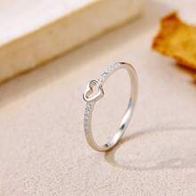 Women's Silver And Gold Ring With Hollow Heart And Zirconias, Delicate And Romantic Design, For Gift, Party And Daily Use - #20 - View 7