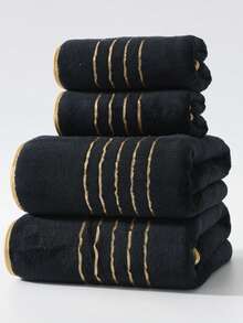 两件套浴室毛巾套装，2条珊瑚绒浴巾，金色滚边，柔软吸水，不起毛，男女通用，适用于居家、沙滩、泳池。尺码可选：1条毛巾（40厘米 x 80厘米）和1条超大浴巾（90厘米 x 170厘米）。浴室装饰，秋季装饰，美容院和家居浴室返校季加厚吸水浴巾刺绣浴室毛巾，圣诞礼物，运动毛巾套装，居家酒店使用。 - 黑色 - 查看 1