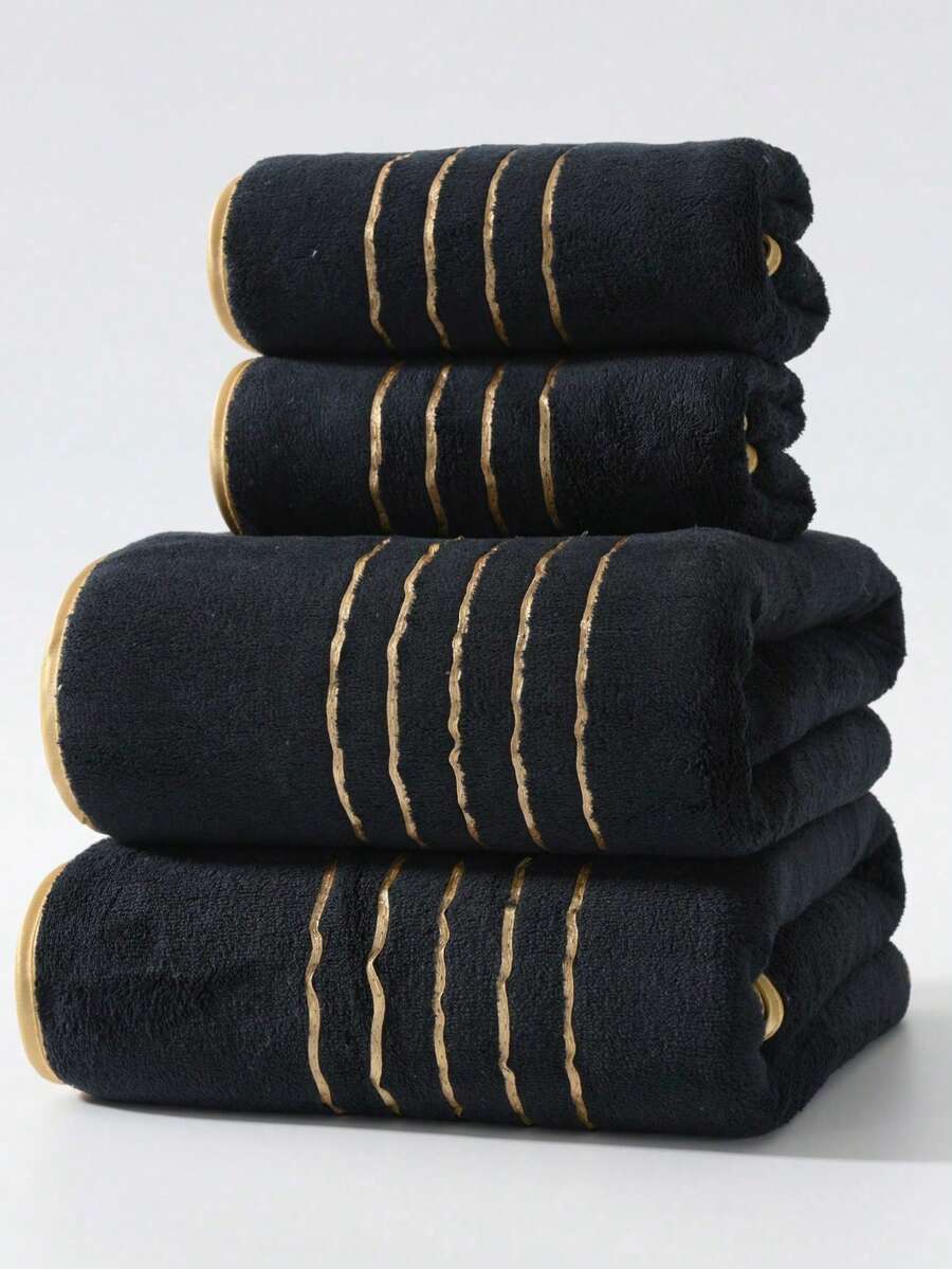 两件套浴室毛巾套装，2条珊瑚绒浴巾，金色滚边，柔软吸水，不起毛，男女通用，适用于居家、沙滩、泳池。尺码可选：1条毛巾（40厘米 x 80厘米）和1条超大浴巾（90厘米 x 170厘米）。浴室装饰，秋季装饰，美容院和家居浴室返校季加厚吸水浴巾刺绣浴室毛巾，圣诞礼物，运动毛巾套装，居家酒店使用。 - 黑色 - 查看 1