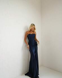 Elegant, Sexy, Satin, Strapless, Maxi Party Dress With Side Slit And Tie At The Back, Ideal For Bridesmaid/Smart Casual Attire/Wedding Guest/Graduates/Formal Occasions - 藏蓝色 - 查看 6