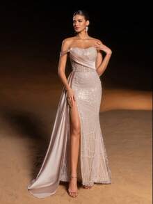 Faeriesty Rochie elegantă de sirenă, cu panglică de satin și mărgele strălucitoare, Haute Glamour, cu design fără bretele, crăpătură laterală și mărgele de cristal strălucitoare - Efect de alunecare luxos, perfectă pentru nunți, banchete de seară, ceremonii de premiere și gale glamour pentru femei.