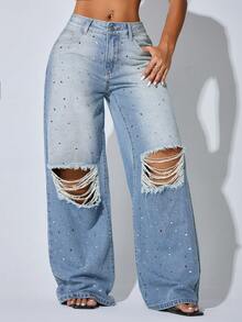 Low Waist Wide Leg Casual Blue Ripped Slanted Pocket Curved Women'S Jeans Rhinestone Embroidery - Blue - View 4