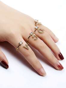 礼盒装 26 字母奢华水钻金色开口戒指，适合女性婚礼订婚派对生日礼物 - 金色 - 查看 3