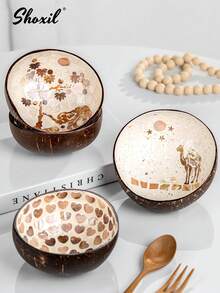 shoxil 1 pièce Bol en coquille de noix de coco avec motif tridimensionnel, cuillère en bois, bol rond en bois vintage classique, bol à dessert, assiette à collations convenant aux bonbons, chocolats et desserts, vaisselle de maison, bol en bois naturel, convenant pour la cuisine, la cour, Noël et la rentrée scolaire - Bol en coquille de noix de coco - Voir 4