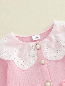 Baby Girl Fall Outfits Button Down Bows Ruffled Trim Doll Collar Long Sleeve Tops And Solid Pants 2 Pcs Set - 粉色 - 查看 5
