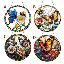 1PC Butterfly Sunglasses Landscape, Stained Glass Style Decorative Pendant, Vibrant And Colorful Design With Blue Butterfly And Bee, Perfect For Home & Garden Decoration, Ideal Gift For Friends & Family, Season Decoration | Unique Design, Butterfly Decoration - Acrylic-round - View 1