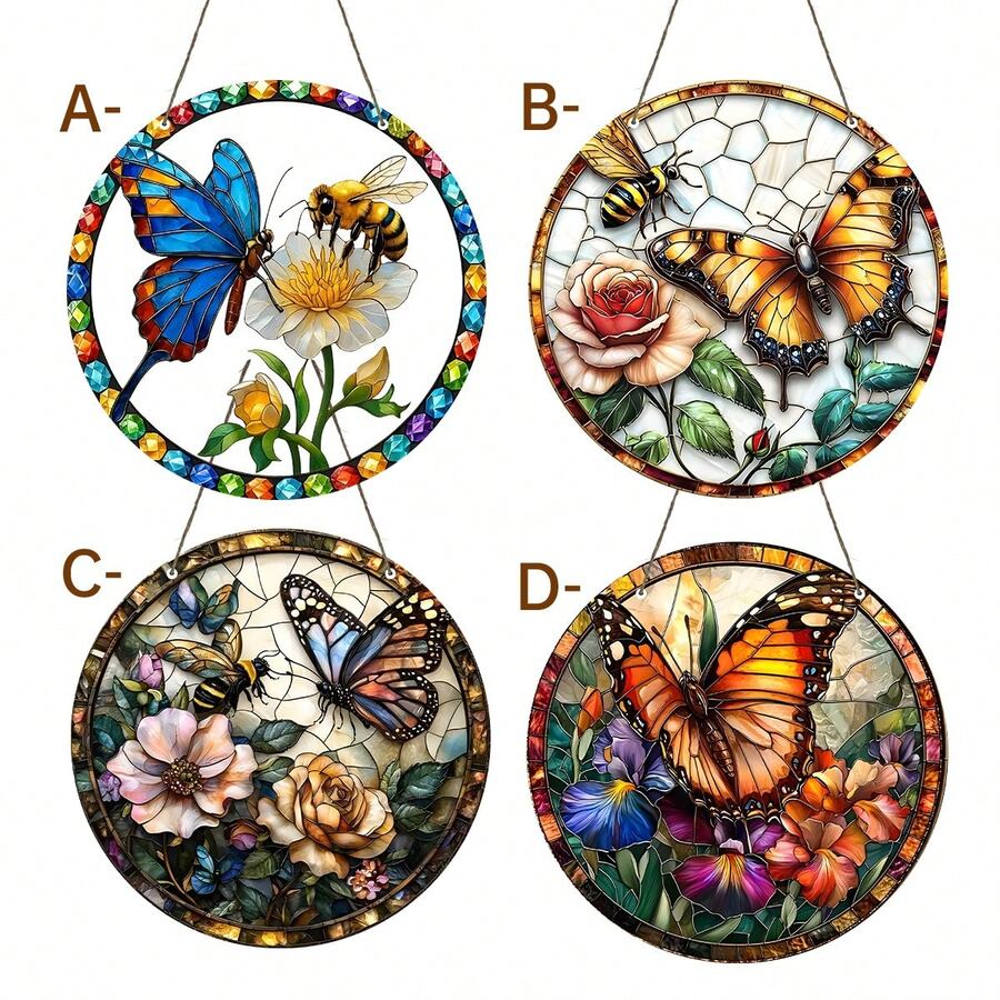 1PC Butterfly Sunglasses Landscape, Stained Glass Style Decorative Pendant, Vibrant And Colorful Design With Blue Butterfly And Bee, Perfect For Home & Garden Decoration, Ideal Gift For Friends & Family, Season Decoration | Unique Design, Butterfly Decoration - Acrylic-round - View 1