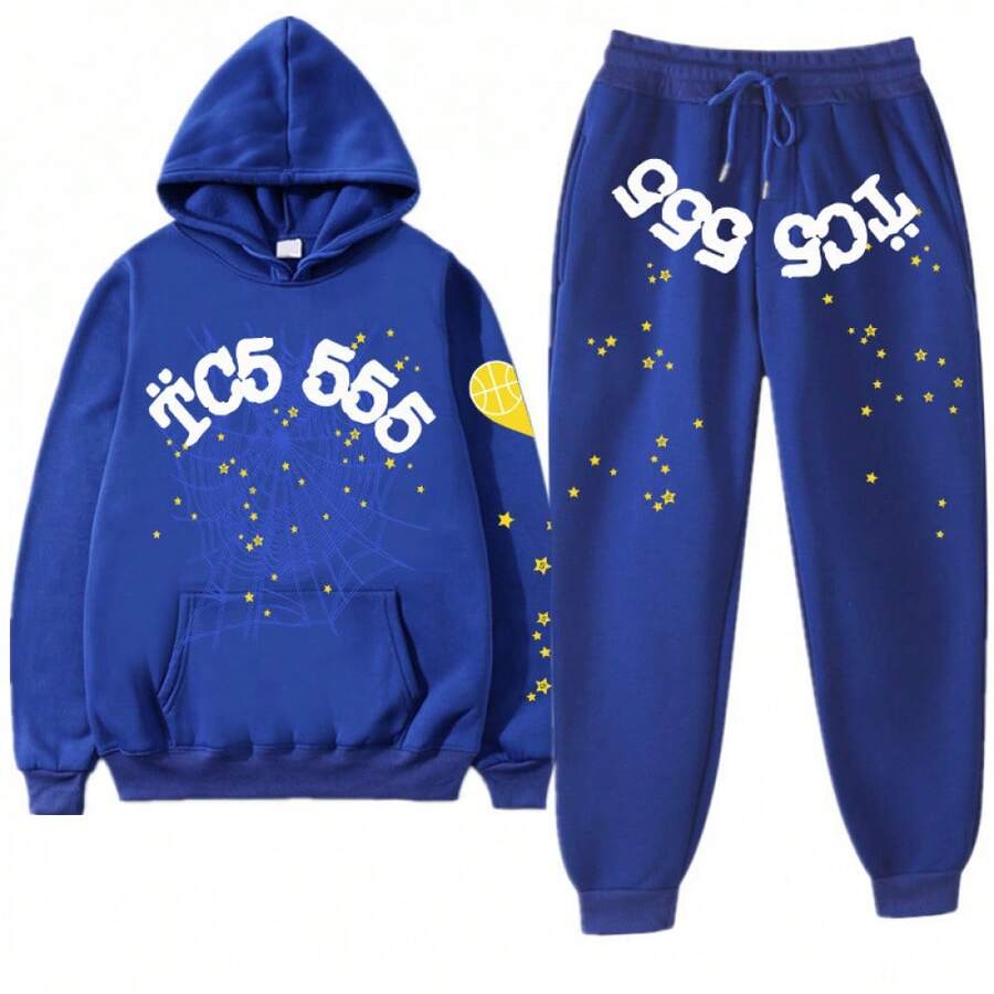 American Hip-Hop Singer Letter Print Couple Sweatshirt Unisex Hoodie Set Black Casual Wear Vacation Wear Streetwear Fabric - Y寶藍色桃心TC555 - 查看 1