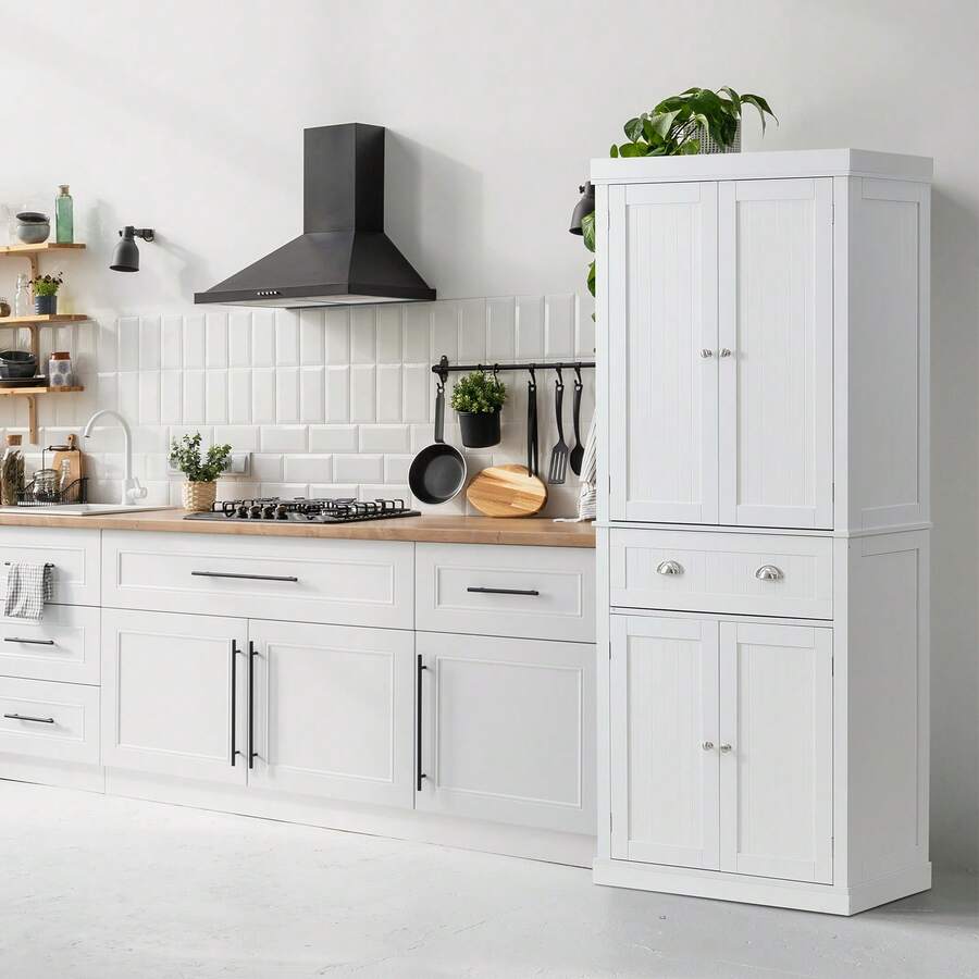 72" Kitchen Pantry Storage Cabinet, Freestanding Utility Cabinets With Doors, Drawer And 3 Adjustable Shelves, Tall Food Buffet Pantries For Kitchen, Living Room, Dinning Room, Laundry, White - White - View 1