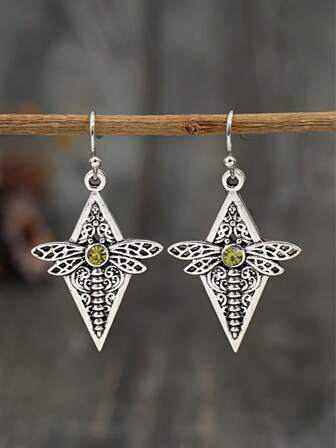 1 par överdrivna vintage trollsländeörhängen med infälld grön glittrande kubisk zirkonia diamant ihålig design