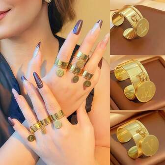 1pc Wide Titanium Steel Ring With Round Alphabet Pendant And Opening Design, Women's Ring