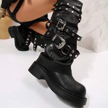 2025新款朋克风复古圆头铆钉过膝长靴，秋冬款，中筒靴，袜靴，厚底骑士靴，派对靴 - 黑色 - 查看 10