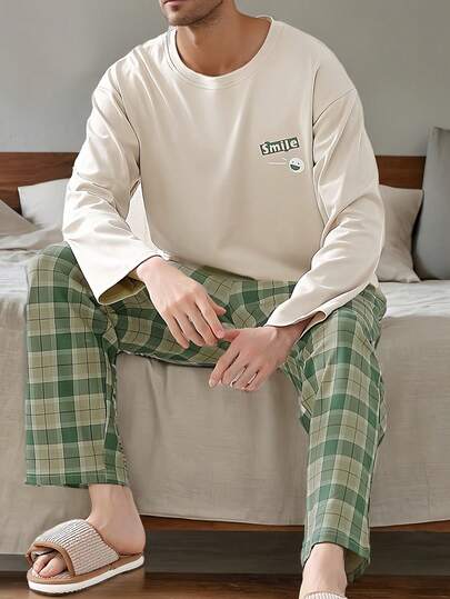 2pcs Men's Plus Size Casual Loose Minimalist Pullover Sweatshirt With Pockets & Plaid Lounge Pants Pajama Set, Suitable For Spring, Autumn, Winter, Valentine's Day Gift