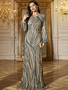 Abito da festa elegante con maniche lunghe, decorato con paillettes, stampa zebrata in verde champagne, per donne, con cintura e sciarpa rimovibili, adatto per eventi arabi