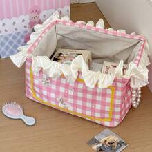 1pc Large Plaid Lace Laundry Basket, High-Quality Multi-Purpose Snack Storage Box, Contrast Color Cream Ruffle Edge Storage Basket, Rectangular Handmade INS Style Stitched Fabric Desktop Organizer Box