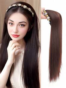 合成长发女半假发，头箍假发女长发一体直发半全头套卷发鱼骨辫假发片，适合女性日常度假佩戴 - 彩色 - 查看 14