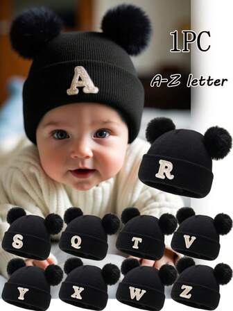 1 pieza Gorro de punto bordado personalizado para bebé, gorro de calavera con 26 letras para niños pequeños y niñas, sombrero de punto para uso diario de bebés de 0 a 3 años