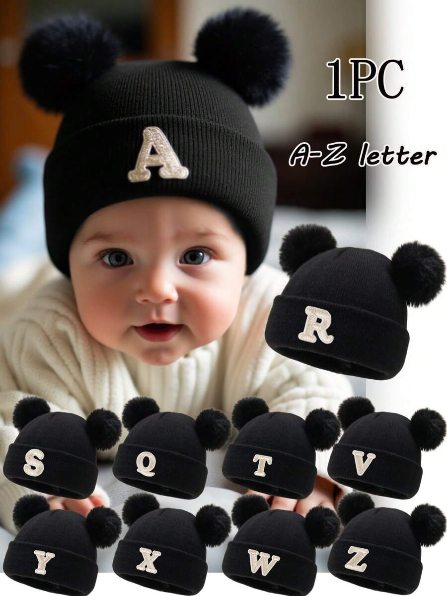 1 件刺绣个性化婴儿针织帽幼儿儿童 26 个字母无檐小便帽工艺女婴骷髅帽适合婴幼儿女孩日常佩戴 0-3 岁