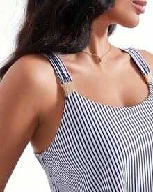 High Waisted Ruffle Tankini Swimsuit Plus Size Tummy Control - 藍色條紋 - 查看 6