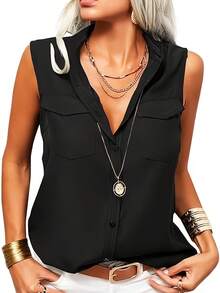 Women's Shirt Lapel Sleeveless Shirt Is Suitable For Home And Out, Versatile Shirt - màu đen - Xem 4