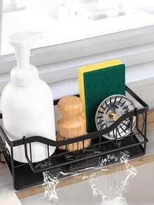 Porte-éponge/organisateur de lavabo avec plateau autonettoyant, support d'éponge, étagère de rangement pour lavabo avec crochet pour torchon, porte-ustensiles de vaisselle pour le rangement et l'organisation de la cuisine sur le plan de travail (noir)