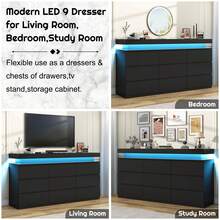 9 Drawer Dresser With USB Powered LED Light, Modern Chest Of Drawers For Closet, 63" Wide Drawer Organizer Cabinet For Bedroom, Living Room, Entryway, Hallway - 查看 6
