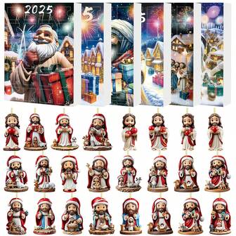 24 Pcs Set 2D Acrylic Flat Jesus Ornaments 2025 Christmas Advent Calendar Countdown Holiday Gift Box Festive Tree Hanging Decorations