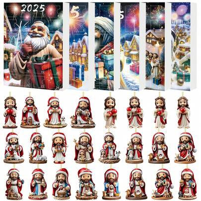 24 Peças Conjunto 2D Ornamentos Planos de Acrílico de Jesus 2025 Calendário do Advento Contagem Regressiva Caixa de Presente Feriado Decorações Pendentes de Árvore Festiva