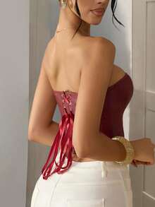 Apperloth A Y2K PU Leather Boned Corset Crop Wine Red Tops Hook Grommet Eyelet Front Lace Up Back Backless Sexy Overbust Shapewear Tube Party Top Clubwear Christmas Clothes Halloween Costumes
