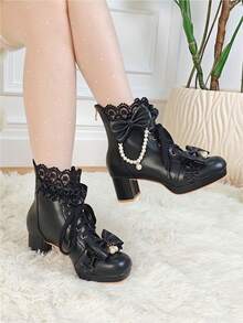 Platform Sweet Bow  Ankle Boots For Women Lace Goth Chunky Mid Heel Boots With Pearl Comfort Lace Up Princess Booties - Black - View 4