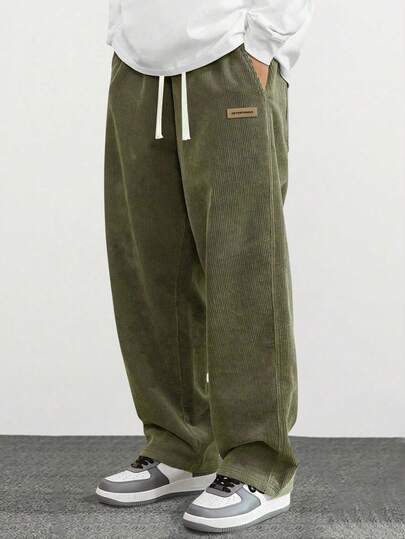 Men's Casual Straight Leg Corduroy Pants, Personalized Printed, Loose Fit, Versatile, Suitable For Spring And Autumn