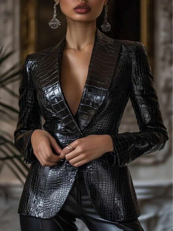 Women's Solid Color Retro Crocodile Skin PU Long Sleeve Button Sports Jacket Coat