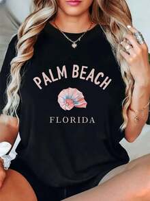 Camiseta gráfica Palm Beach Florida ,Camiseta informal de algodón de verano para mujer, manga corta, cuello redondo, 220 g/m2 (1 pieza) - Negro - Ver 1
