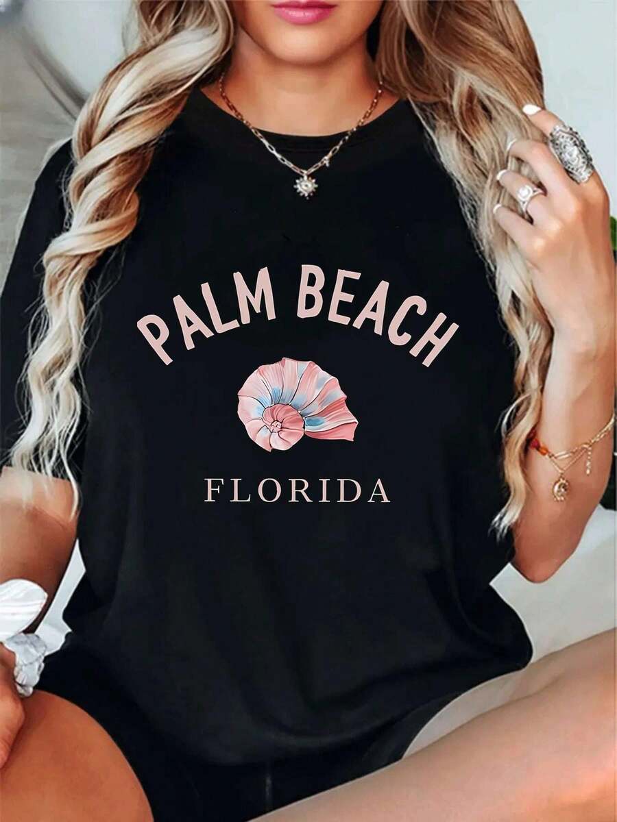 Camiseta gráfica Palm Beach Florida ,Camiseta informal de algodón de verano para mujer, manga corta, cuello redondo, 220 g/m2 (1 pieza) - Negro - Ver 1