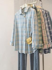 YUXIN 复古蓝色格子长袖时尚宽松女士衬衫，独特设计，秋季