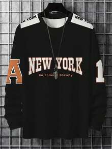 Maglietta con stampa di lettere per uomo taglia grande - Camicia elegante da festa per uomo alto, casual a girocollo a maniche lunghe, stile sportivo elegante