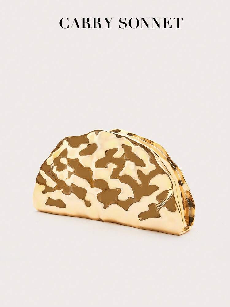 Bolsa Transversal de Ombro Assimétrica com Textura de Metal, Fechamento por Pressão, Bolsa de Festa Luxuosa para Mulheres, Perfeita para Casamentos, Festas, Drinques, Galas e Feriados, Item Essencial para o Outono e Inverno - Dourado - Visão 6