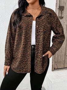 Plus Size Casual Leopard Print Long Sleeve Jacket, With Collar, Knitted Fabric, Regular Length, Front Button Closure Outerwear