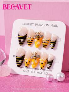 BEGAVET 10pcs Handmade Salon Quality Nail Art Press On Nails Long Almond Yellow Bee French Tips Exclusive Design 3D Nails With 3D Charms, Suitable For Parties/Music Festival And Daily Wear