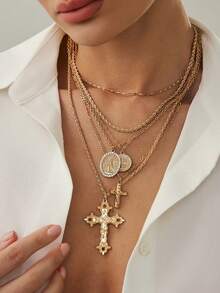 4pcs/Set 14k Gold Plated Multi-Layer Beaded Cross & Virgin Mary Necklace, Suitable For Vacation, Prayer, Baptism Wear - Style 15 - View 10